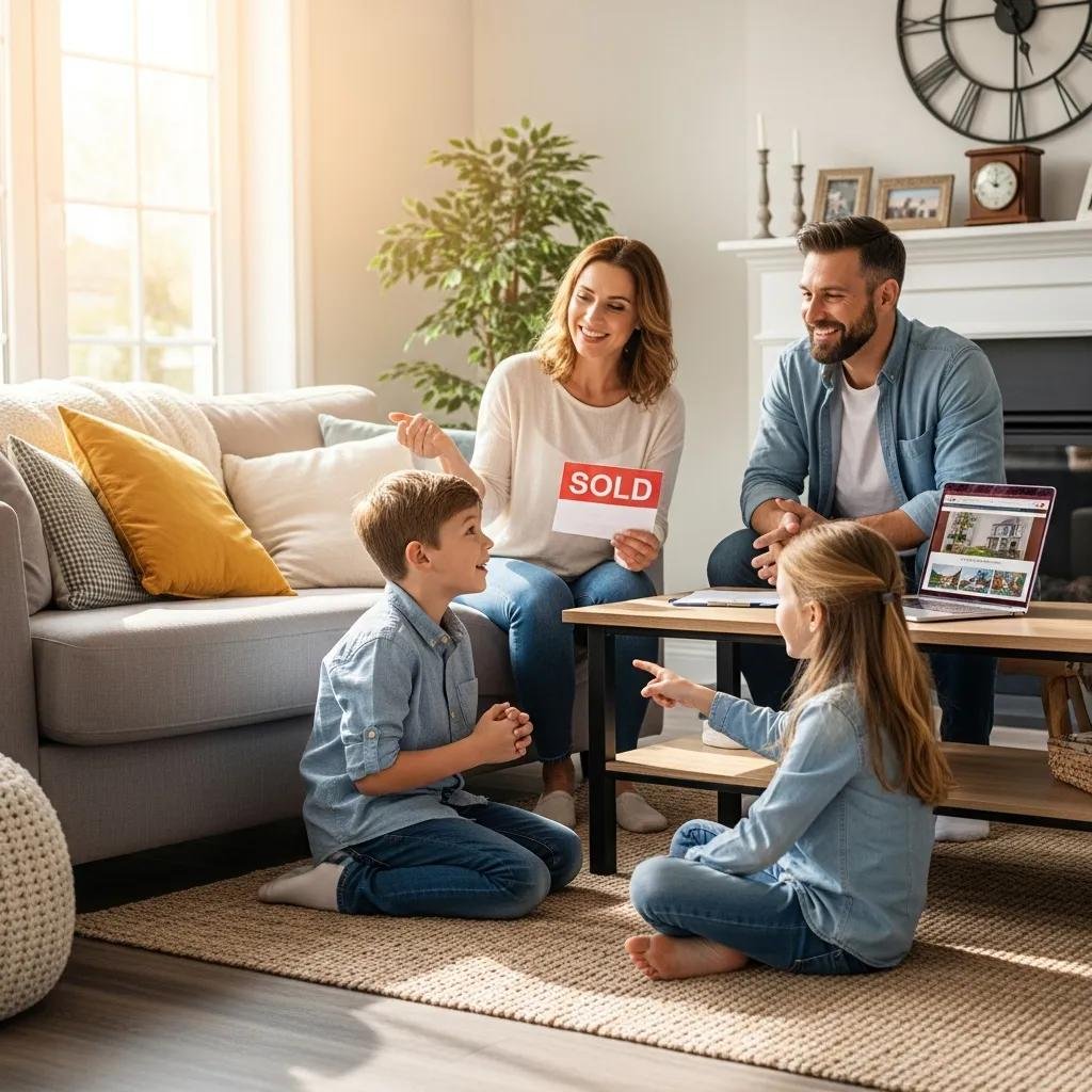 Family discussing home sale in a cozy living room, emphasizing warmth and optimism