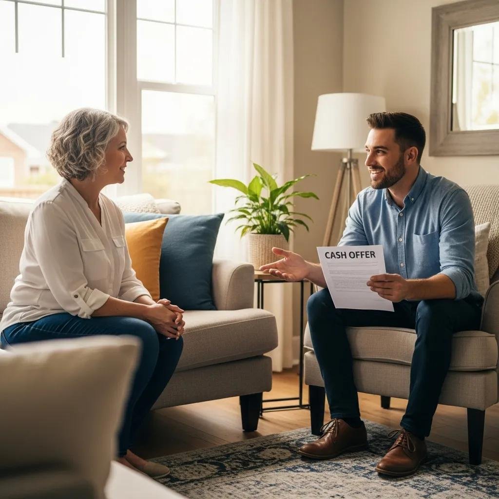 Homeowner reviewing a cash offer with a friendly buyer inside their living room