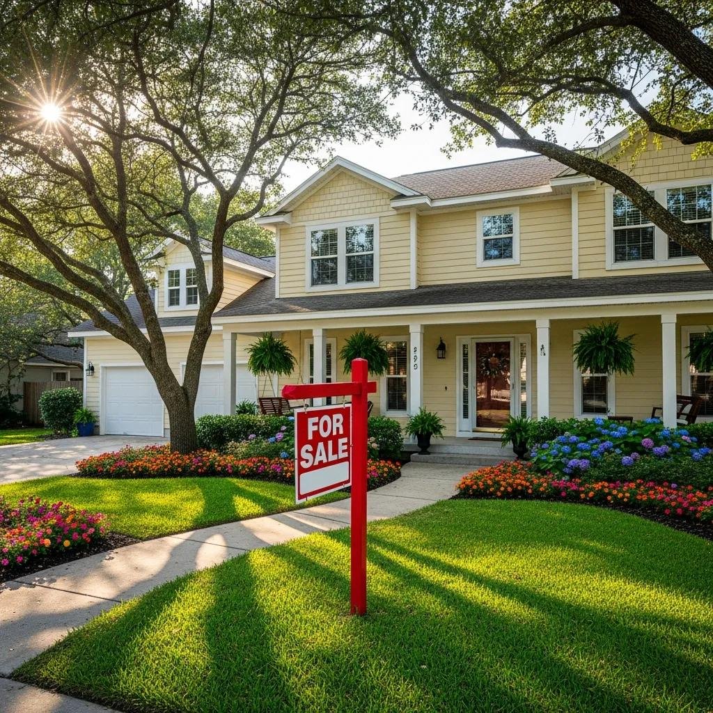 Cozy home exterior with a 'For Sale' sign, representing the ease of selling a house as-is