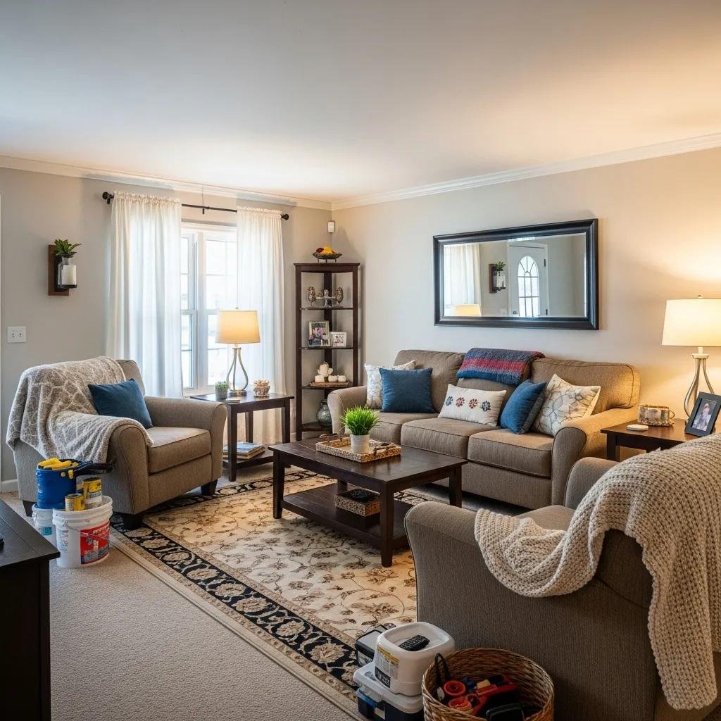 Living room in a home sold as-is &mdash; comfortable and ready for the next owner