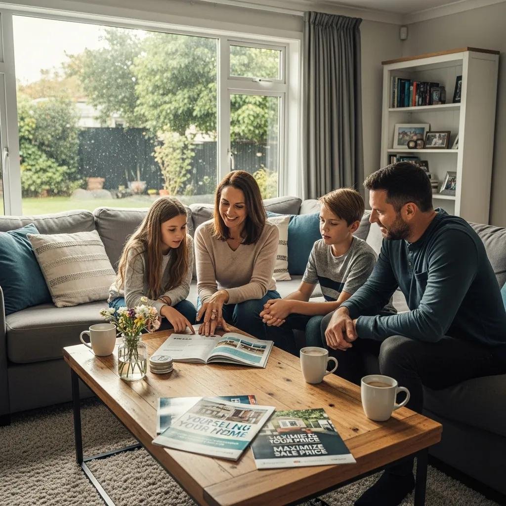Family discussing home selling options in a cozy living room