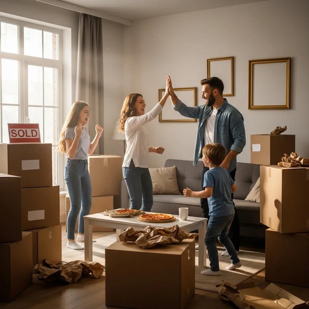 Family smiling inside their living room after selling their home as‑is