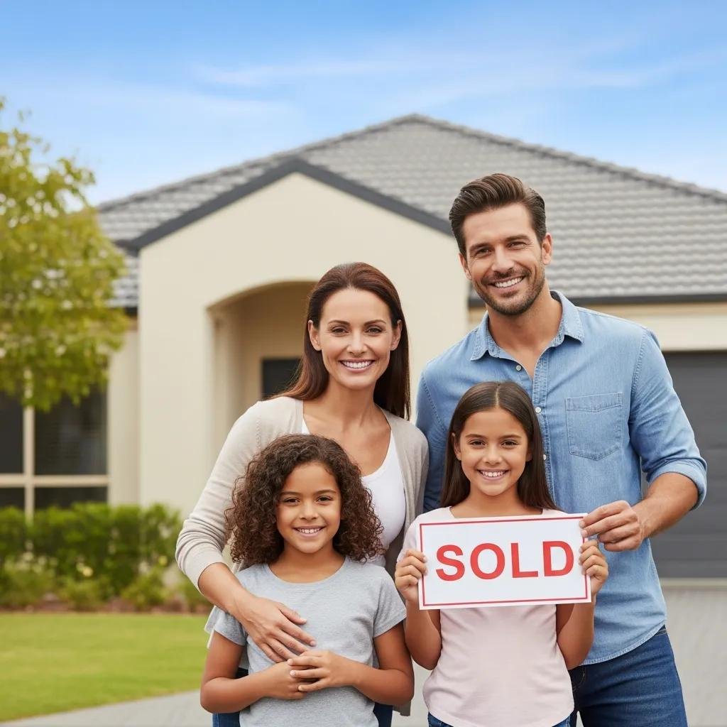 Happy family celebrating the sale of their home with a 'Sold' sign in front of a well-kept house