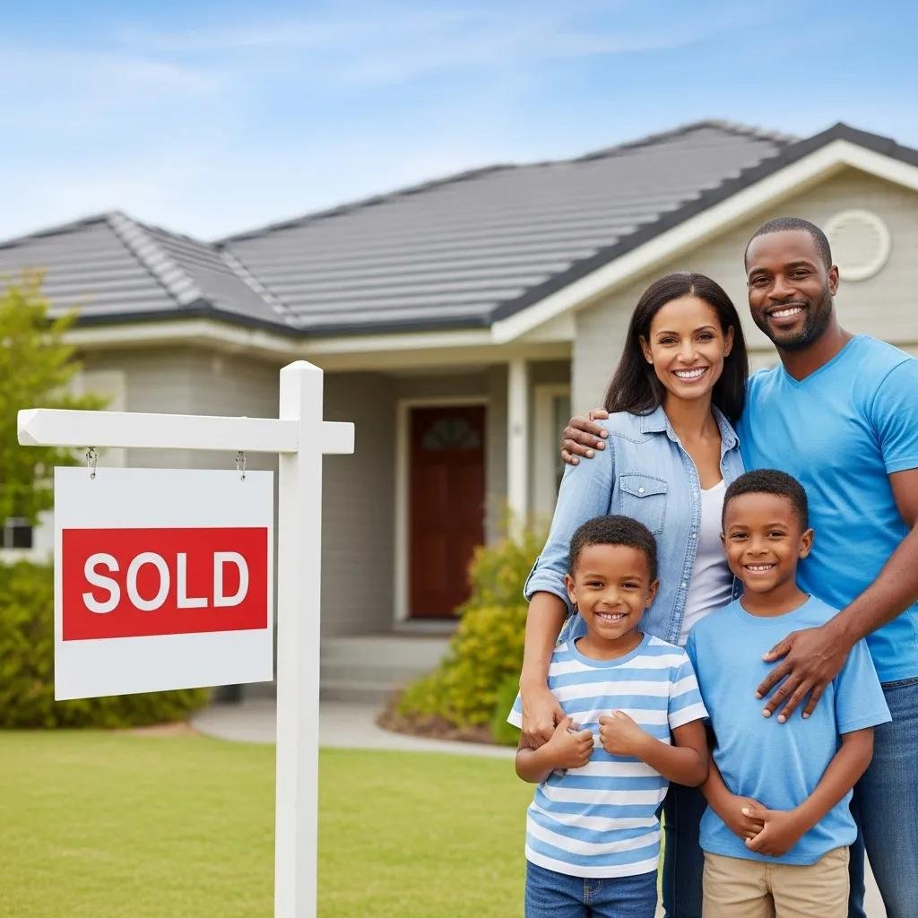 Happy family celebrating the sale of their home with a 'Sold' sign in the yard