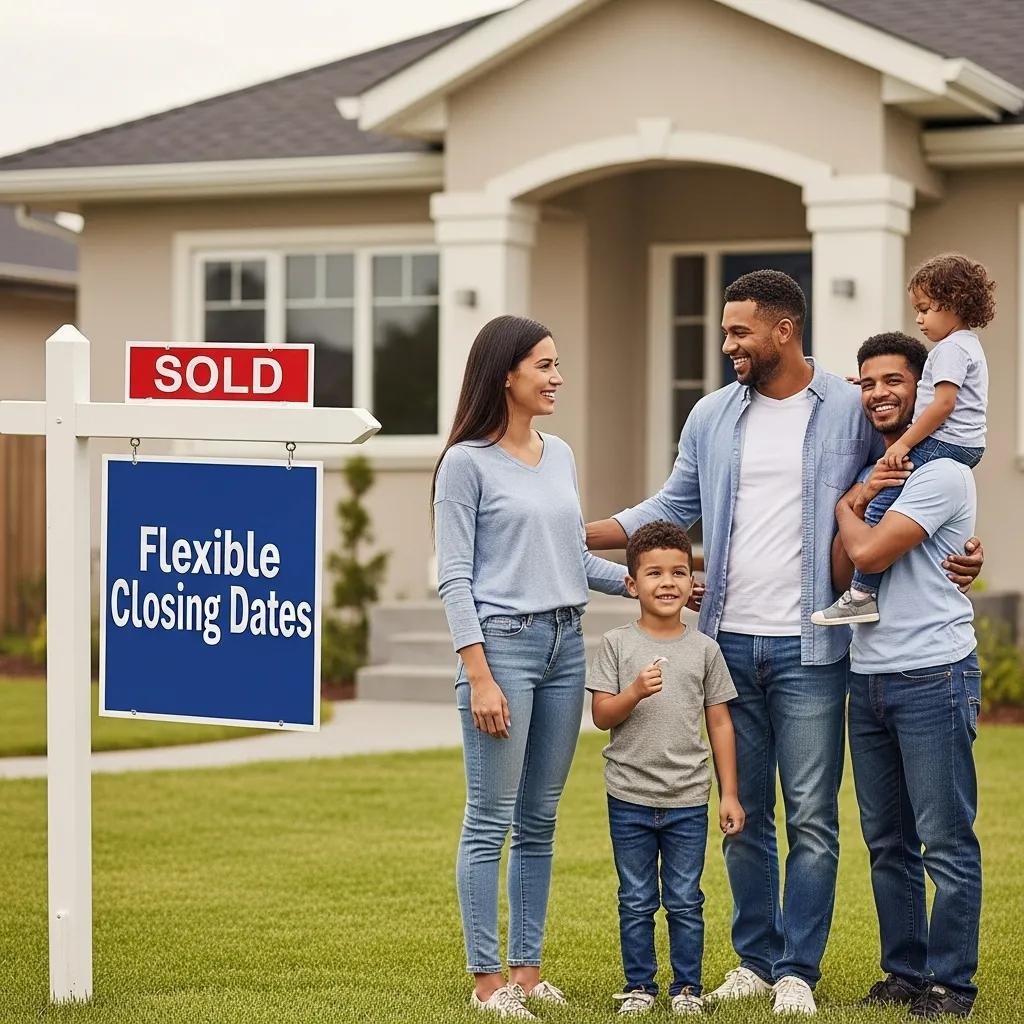 Happy family celebrating the sale of their home with a 'Sold' sign, representing flexible closing dates