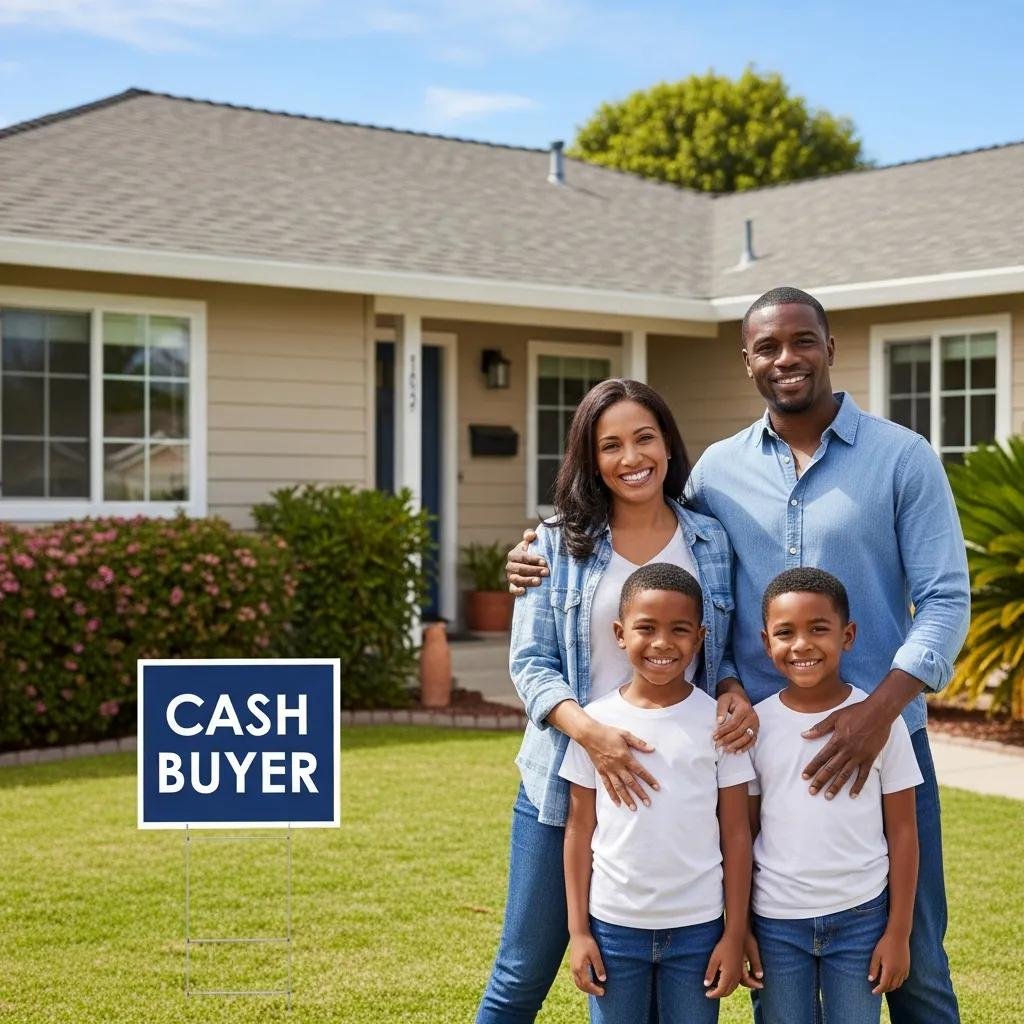 Happy family celebrating the sale of their house to a cash buyer