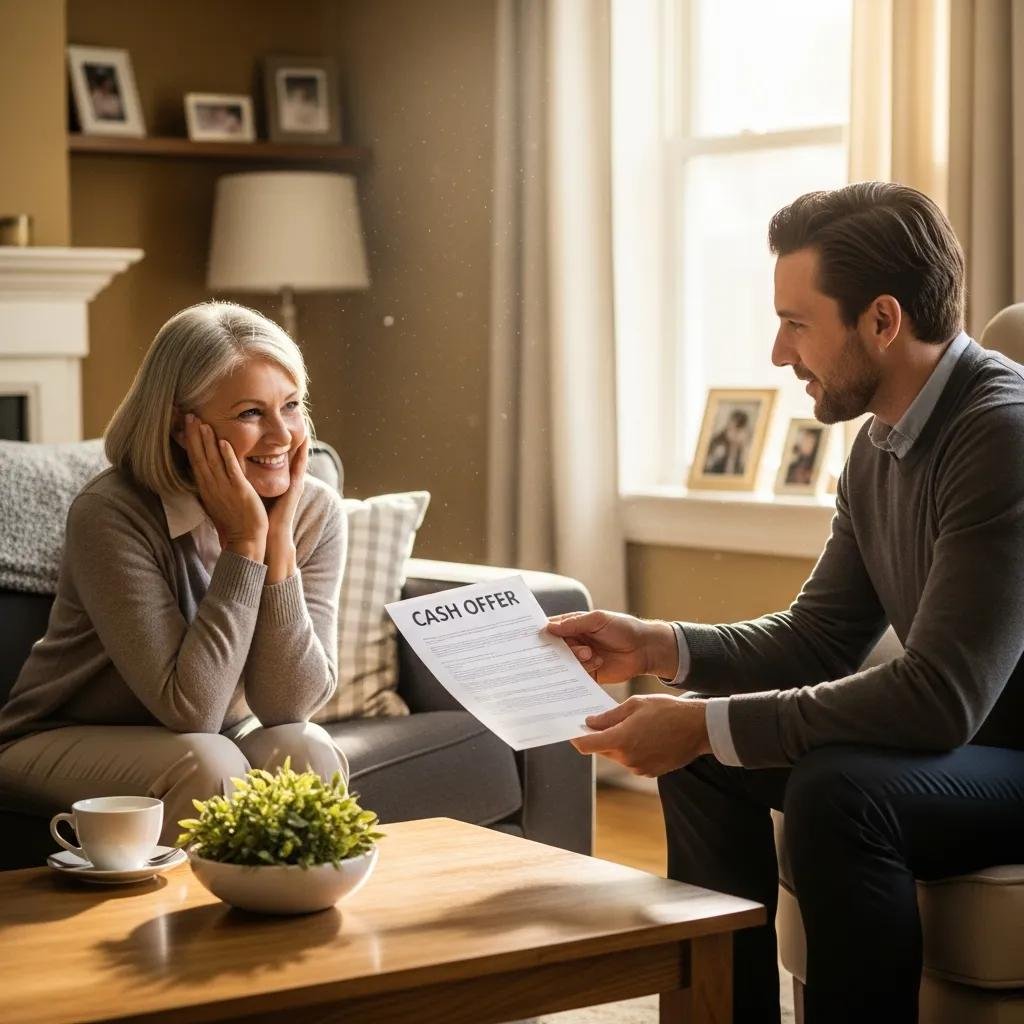 Homeowner discussing cash offer with a buyer representative in a cozy living room