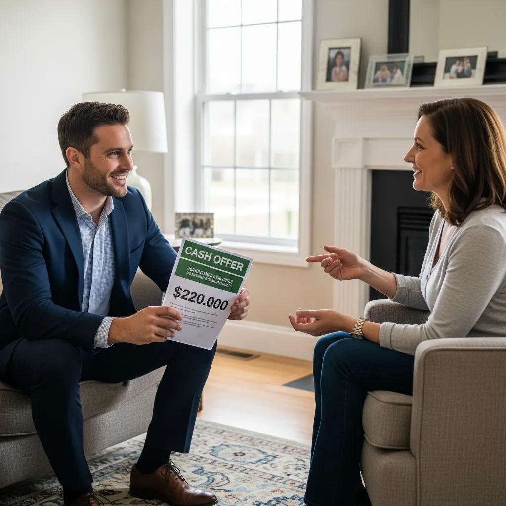 Homeowner talking through a cash offer with a friendly buyer in a living room