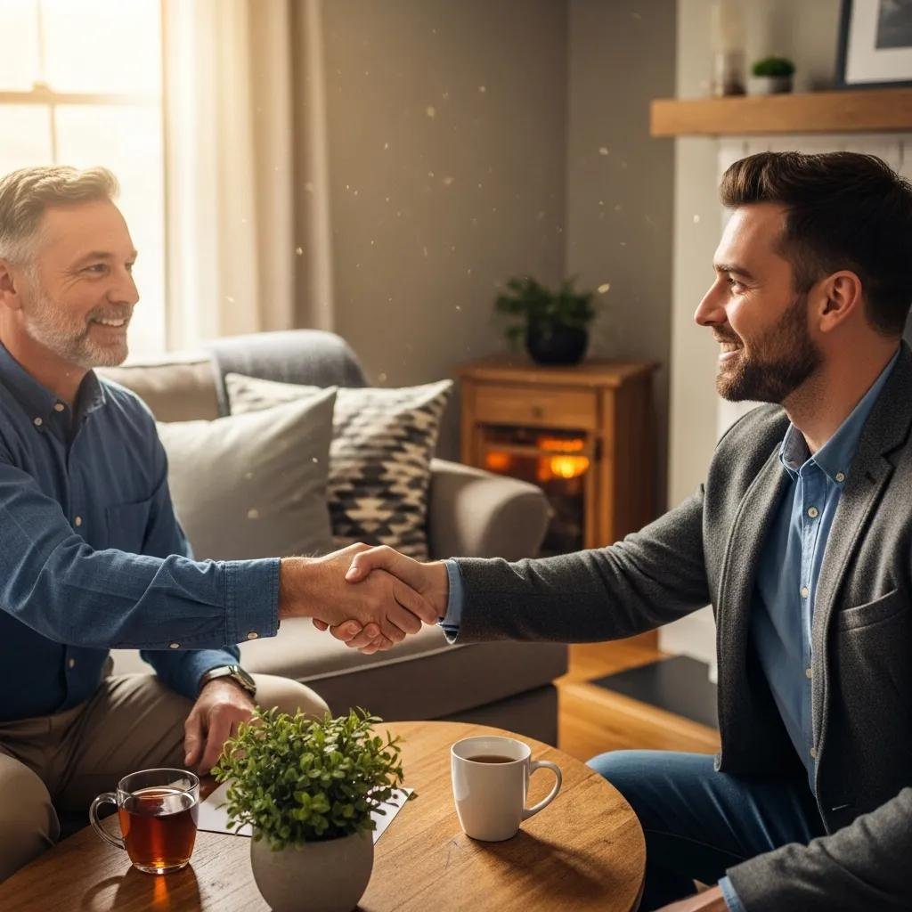 Homeowner shaking hands with a buyer after agreeing to a cash offer