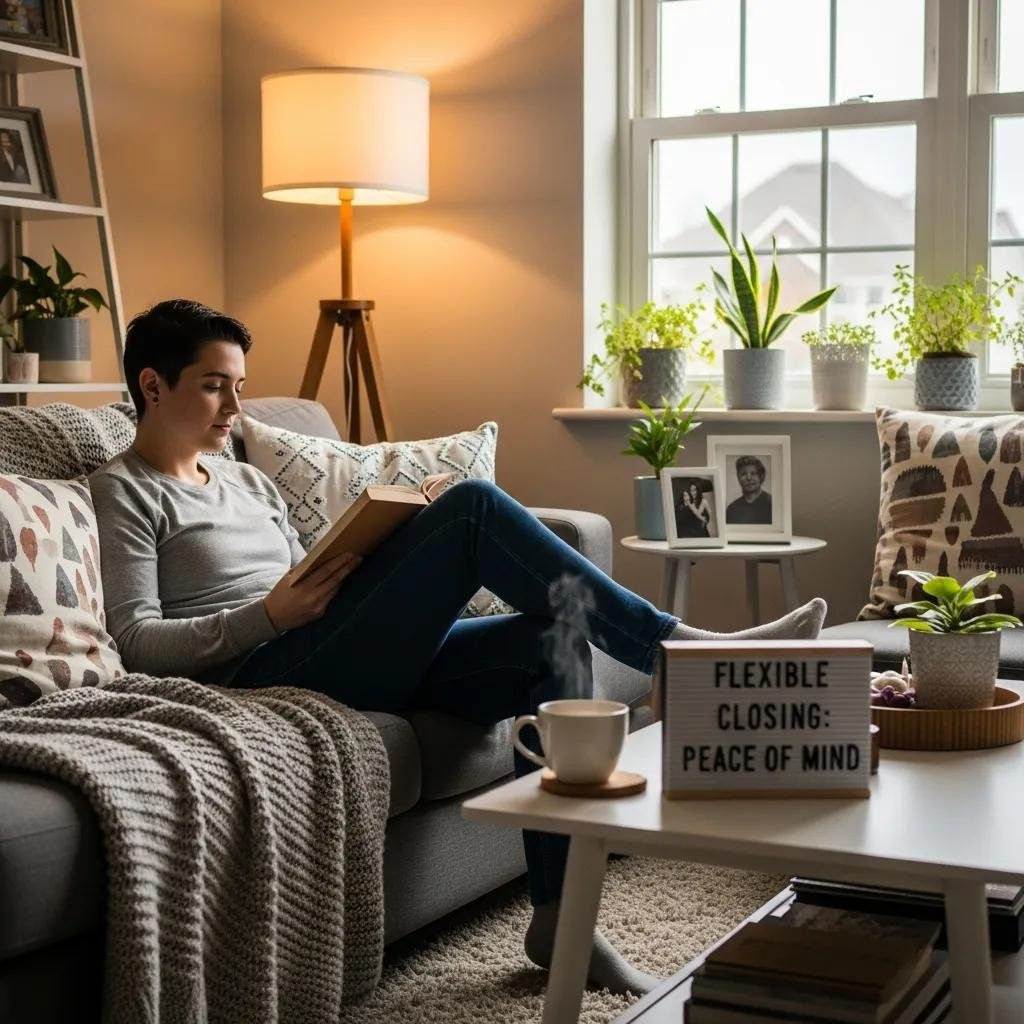 Person relaxing at home with a book and tea &mdash; stress relief from flexible closing