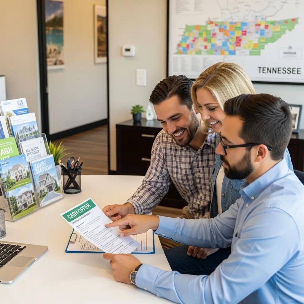 Agent reviewing a cash offer with homeowners in a modern office