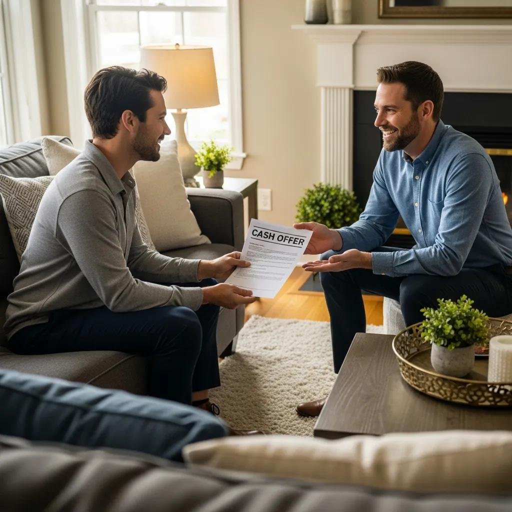 Local buyer explaining a cash offer to a homeowner