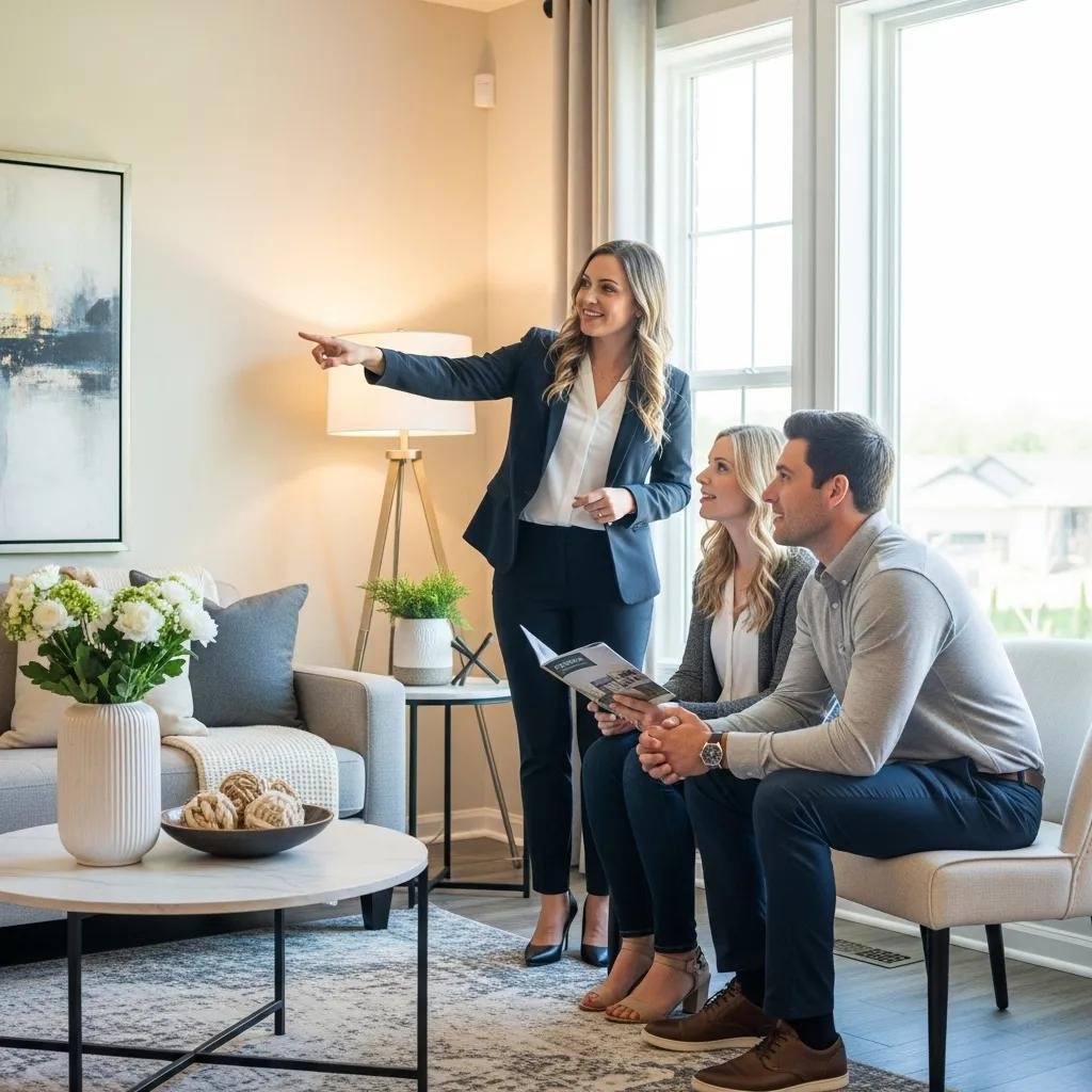 Real estate agent guiding buyers through a staged living room