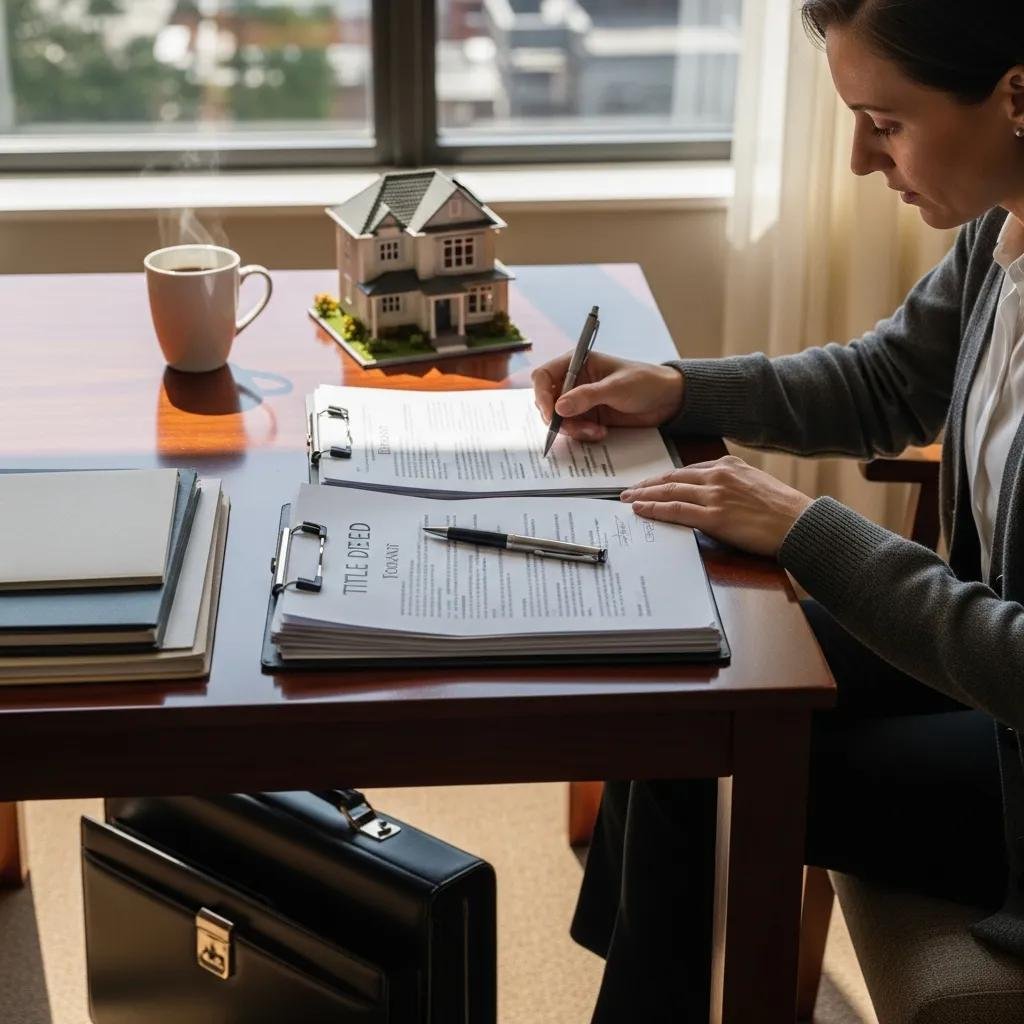 Closing documents laid out on a table next to a small house model