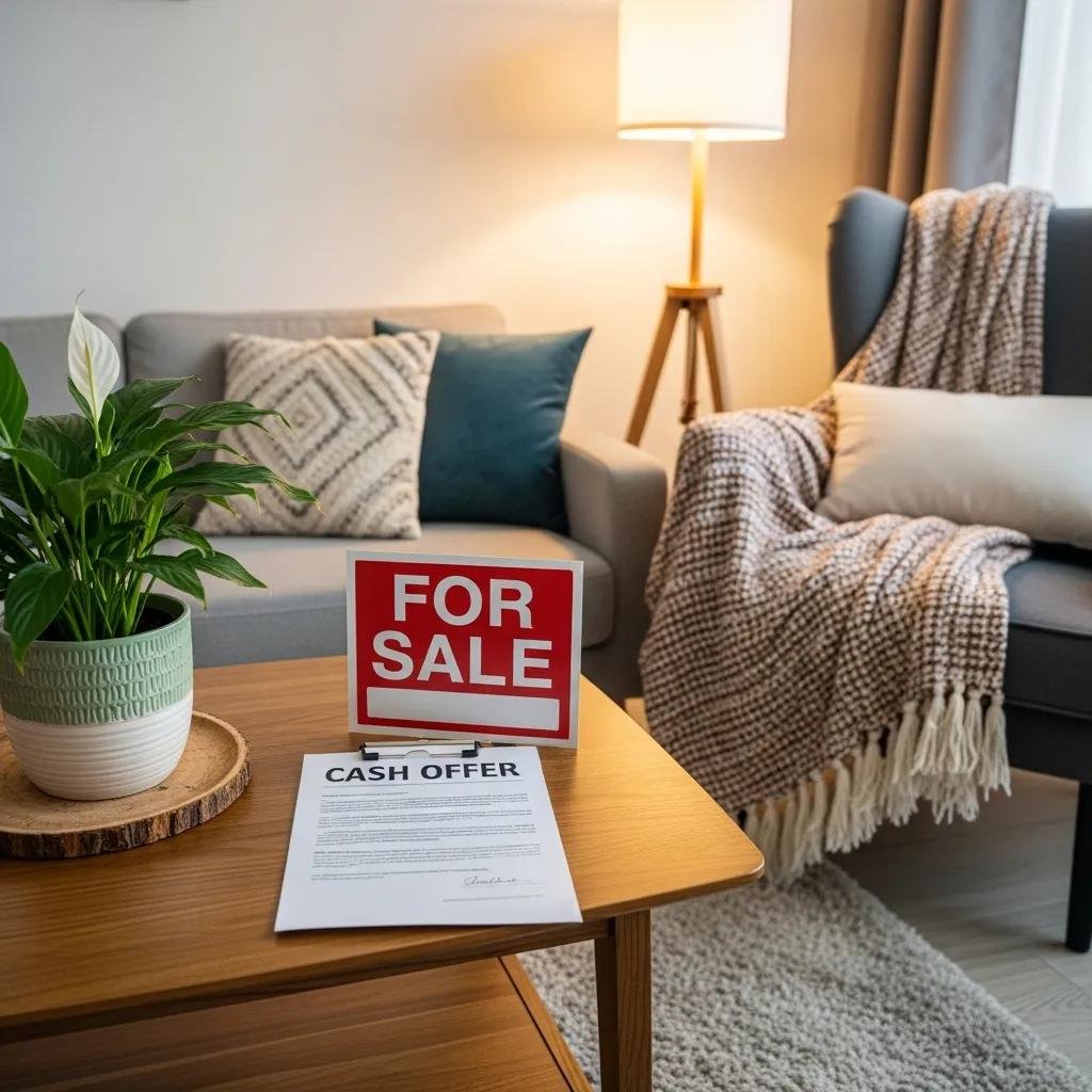 Living room scene with a cash offer document, showing benefits of selling as-is
