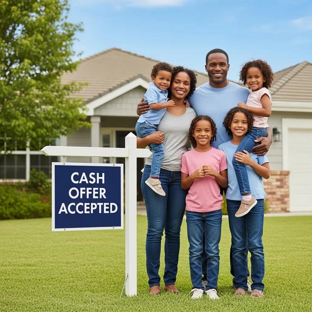 Happy family celebrating in front of their sold house with a cash offer sign