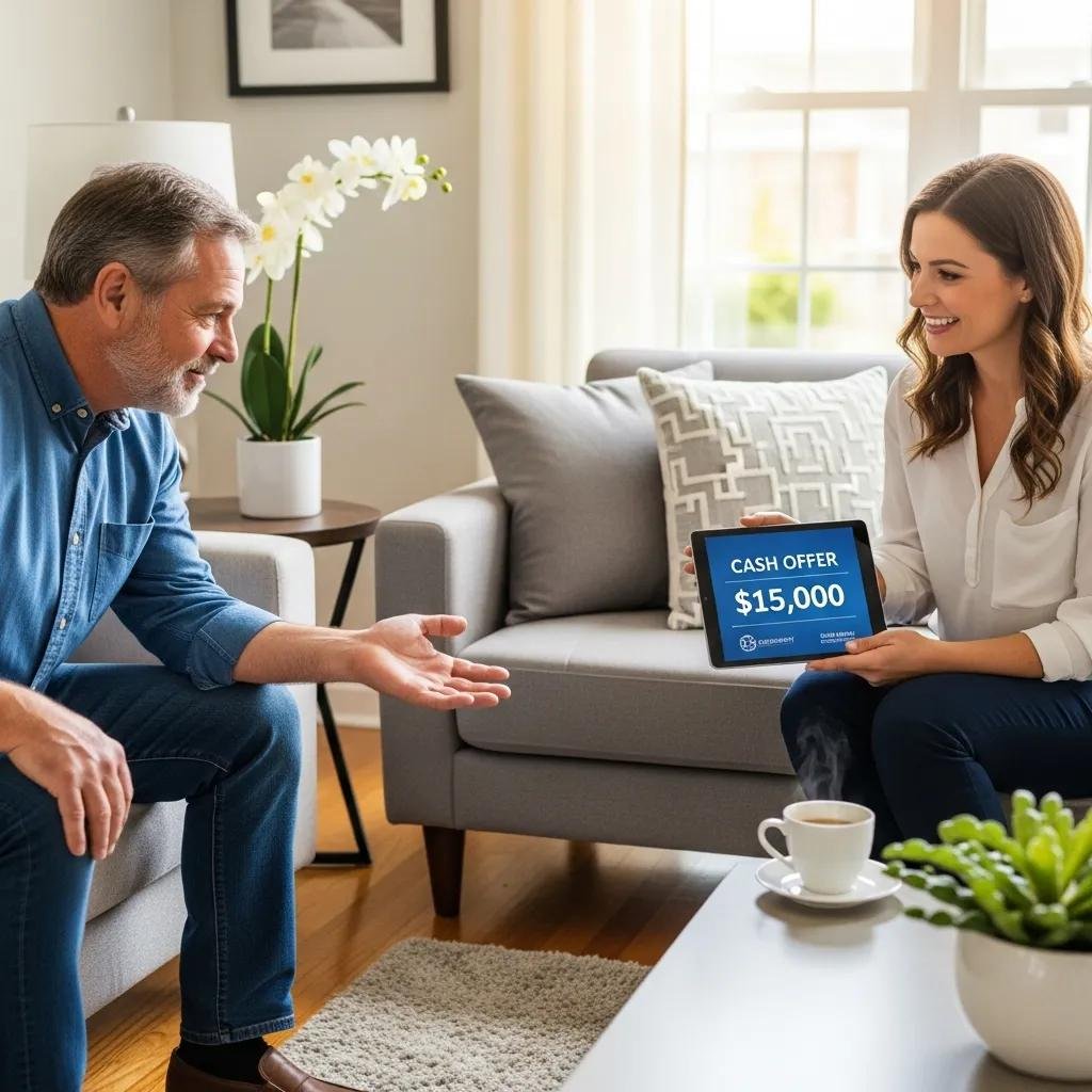 Buyer explaining the quick cash home sale process to a Clarksville homeowner
