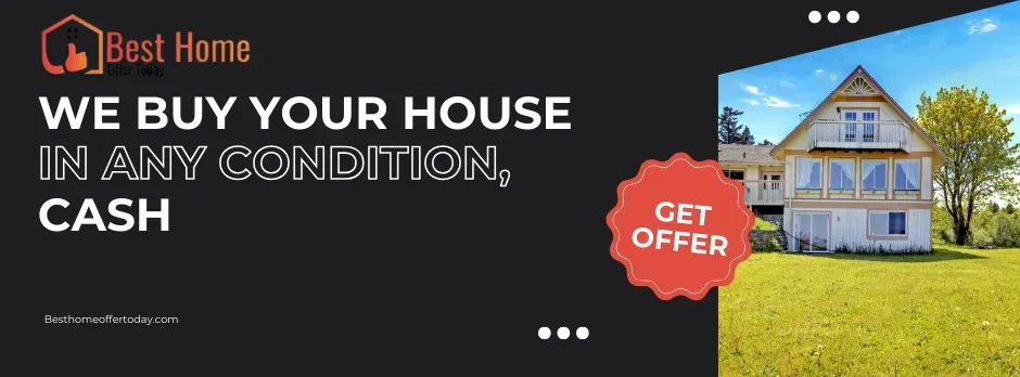 House with large windows and garden, advertising cash home purchases.