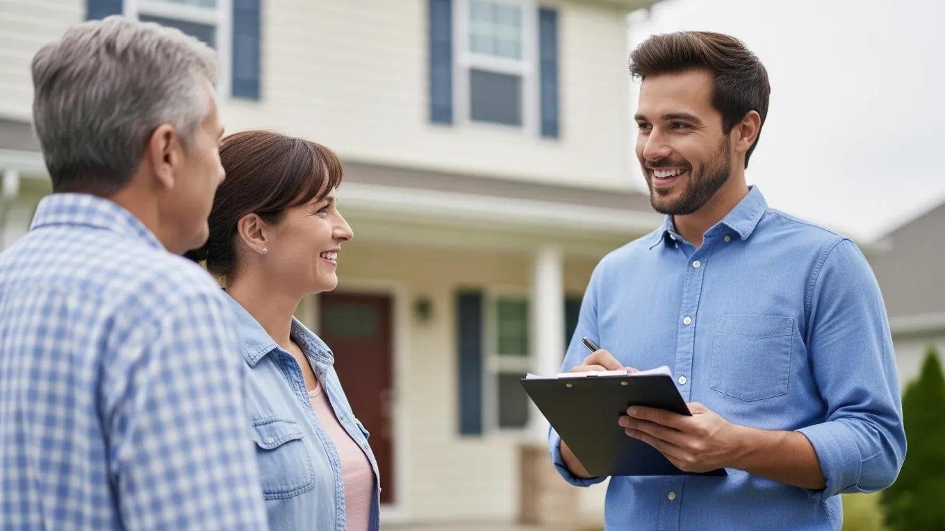 Cash home buyer evaluating a property with a homeowner