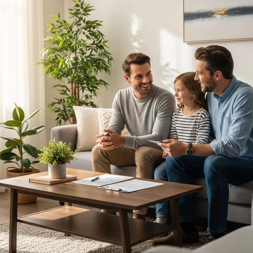 Family discussing home sale options in a cozy living room, emphasizing a stress-free cash offer process