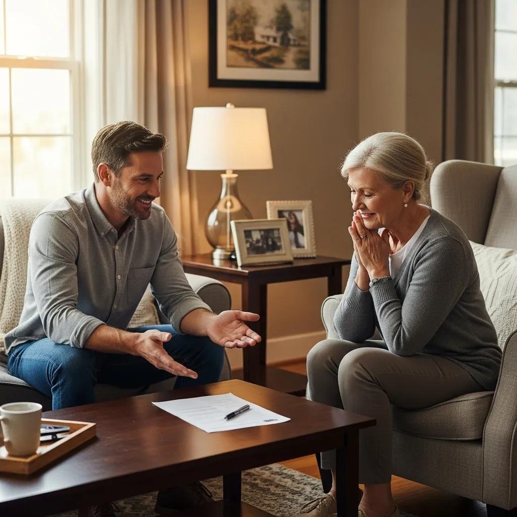 Friendly cash home buyer discussing options with a relieved homeowner in a cozy living room