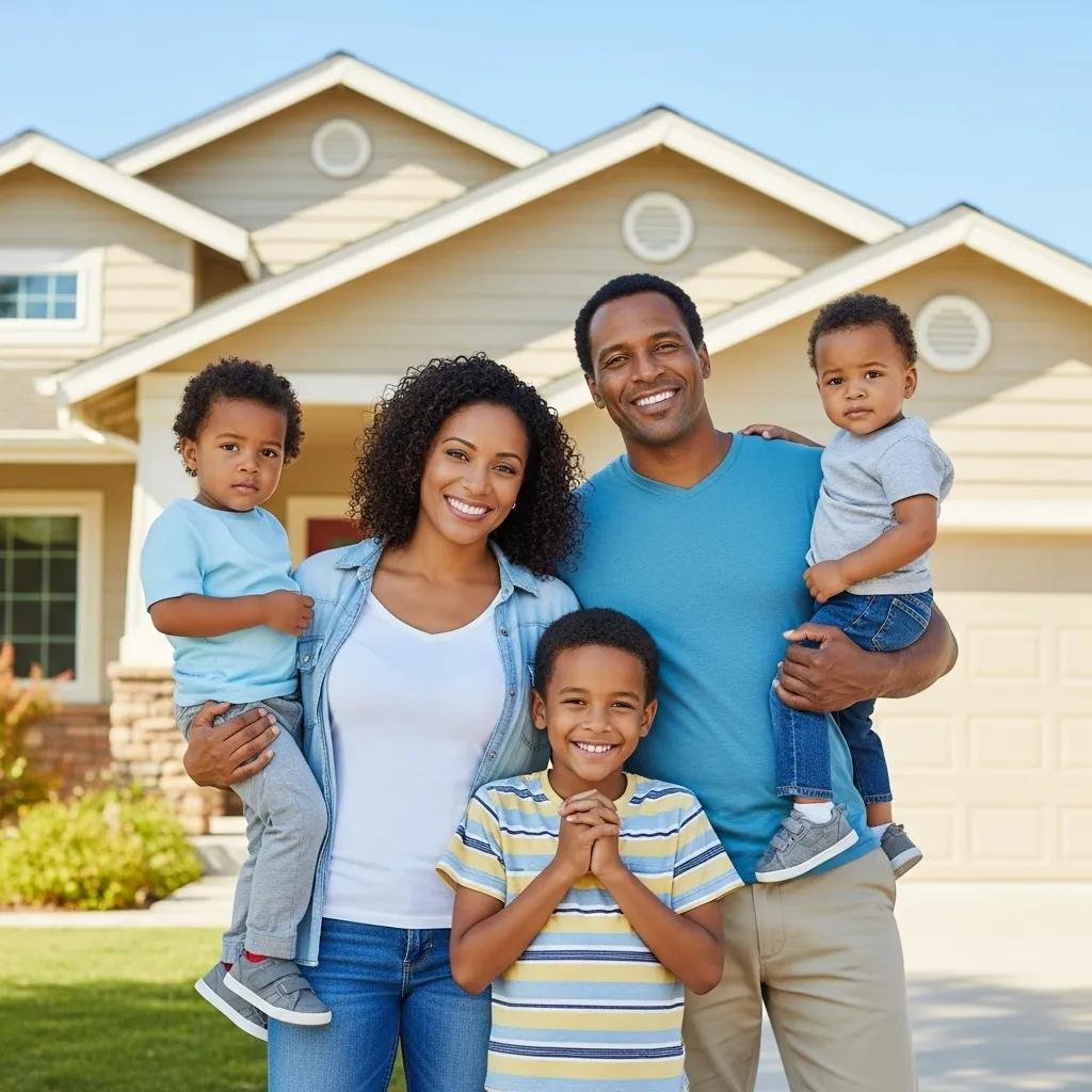 Happy family in front of their home celebrating a fair cash offer for their house