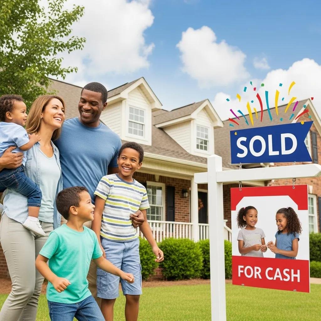 Happy family in front of their Tennessee home, celebrating a quick cash sale