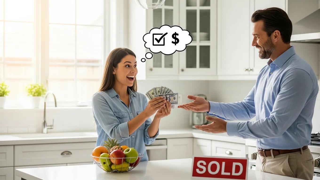 Homeowner happily receiving cash from a buyer, showcasing the benefits of selling for cash