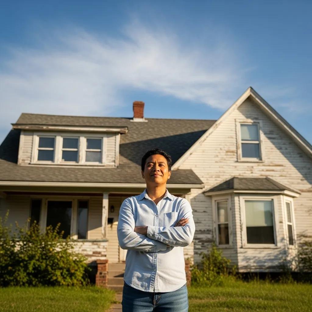 Seller in front of a damaged house &mdash; option to sell as-is