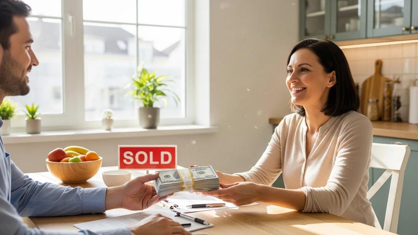 Homeowner receiving cash from a buyer highlighting benefits of cash sales