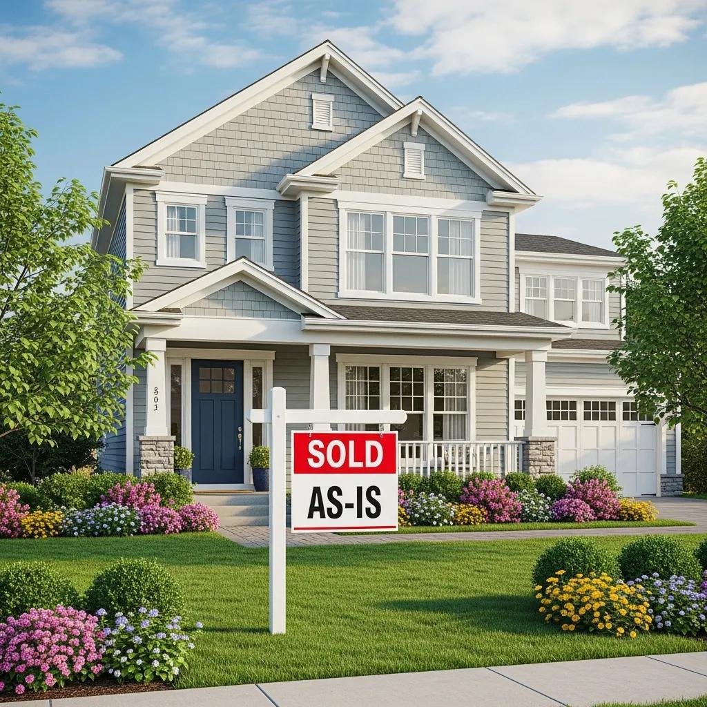 House with a 'Sold As-Is' sign showing a quick, hassle-free sale