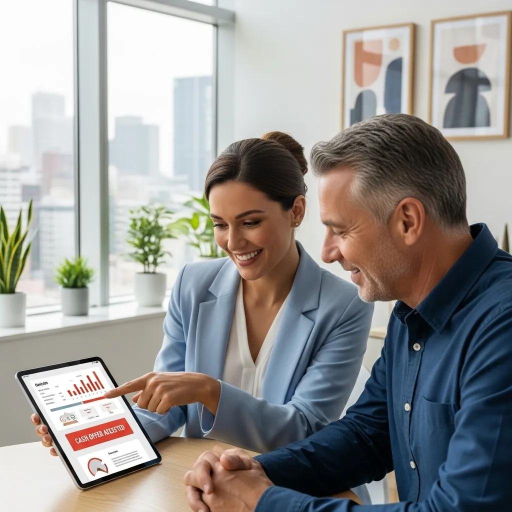 Agent and homeowner reviewing property details on a tablet — a quick cash sale process