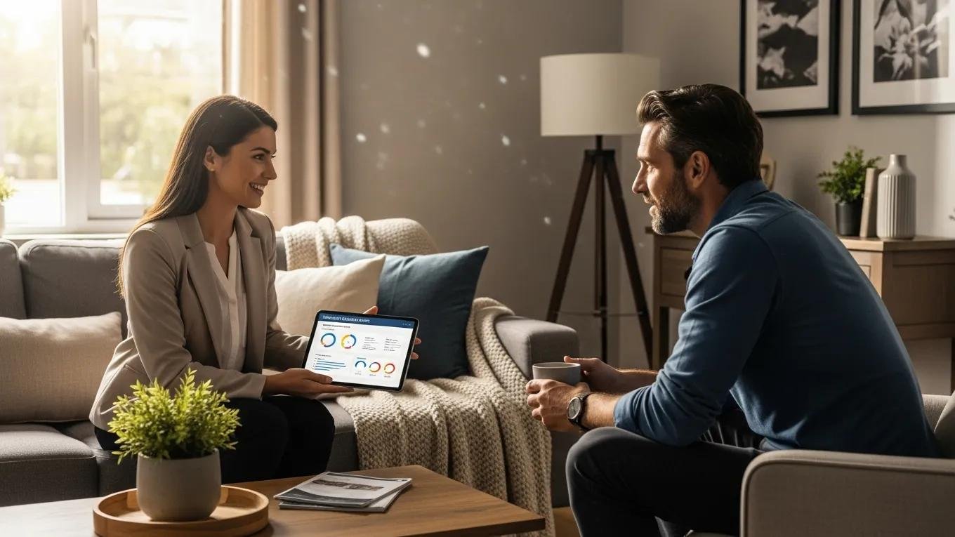 Real estate agent explaining the selling process to a homeowner in a cozy living room