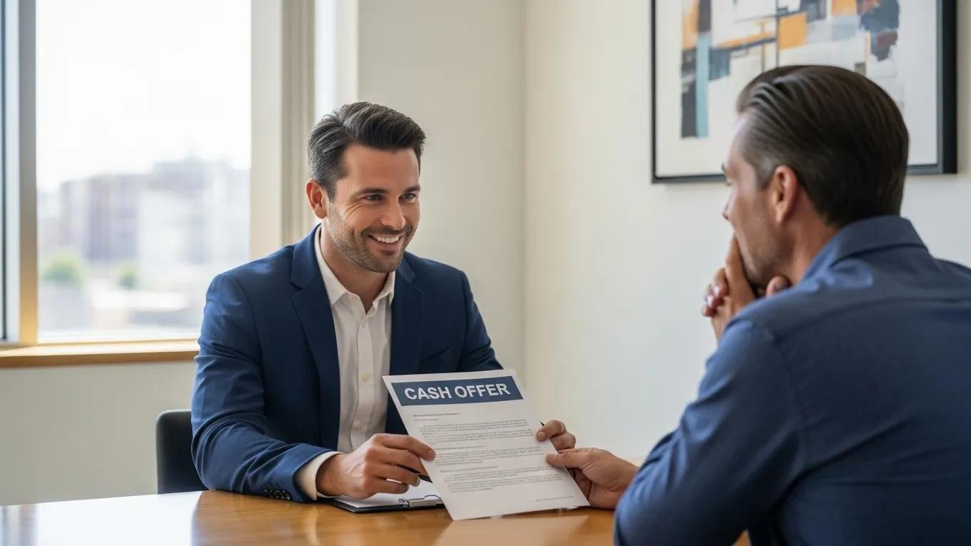 Real estate agent presenting a cash offer to a homeowner, illustrating the cash offer process