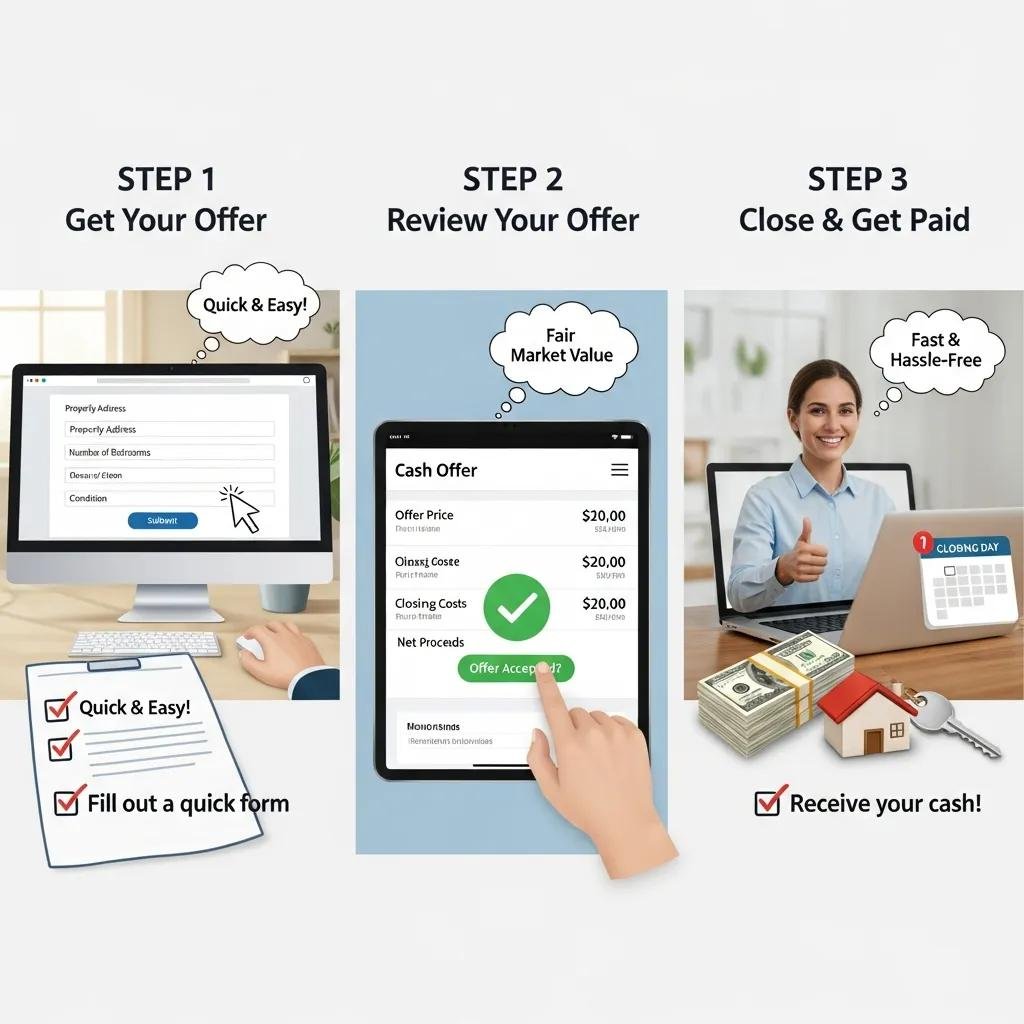 Simple three-step cash offer process illustrated for homeowners