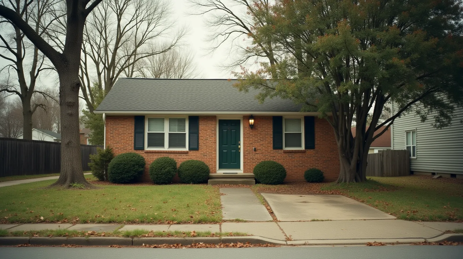 Modest brick ranch house on a quiet Nashville Tennessee residential street with overcast skies and mature oak trees