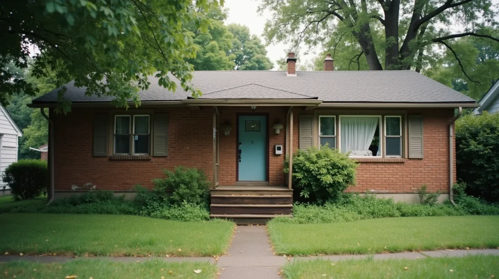 Brick ranch house with peeling trim paint and overgrown yard, shown in as-is condition before sale