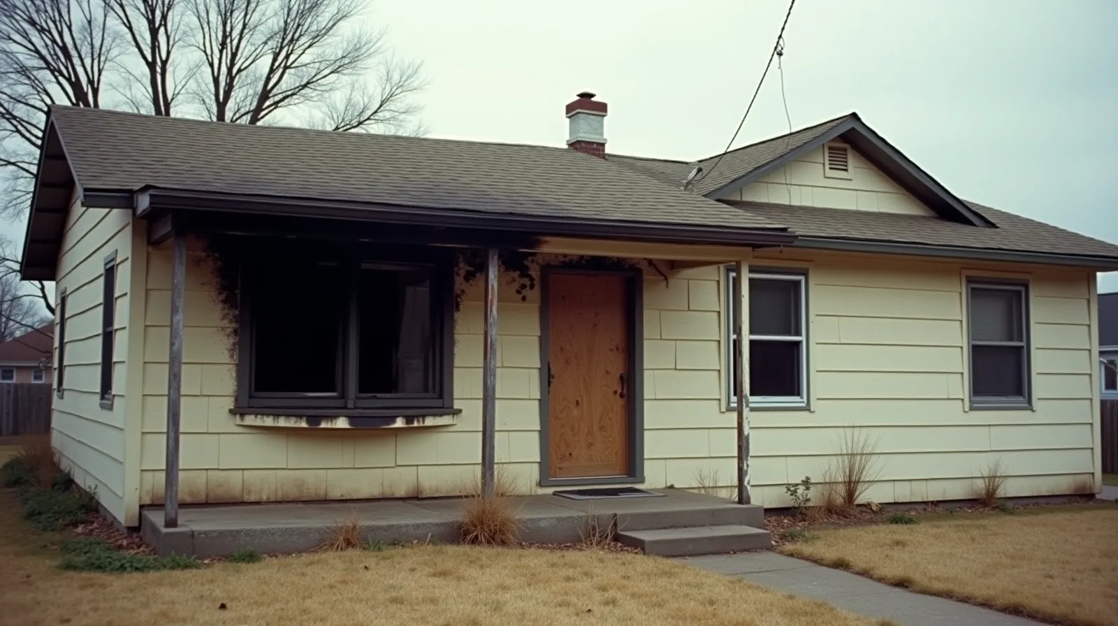A fire-damaged single-story house with a boarded-up door and soot above a burned-out window, the kind of property we buy as-is for cash