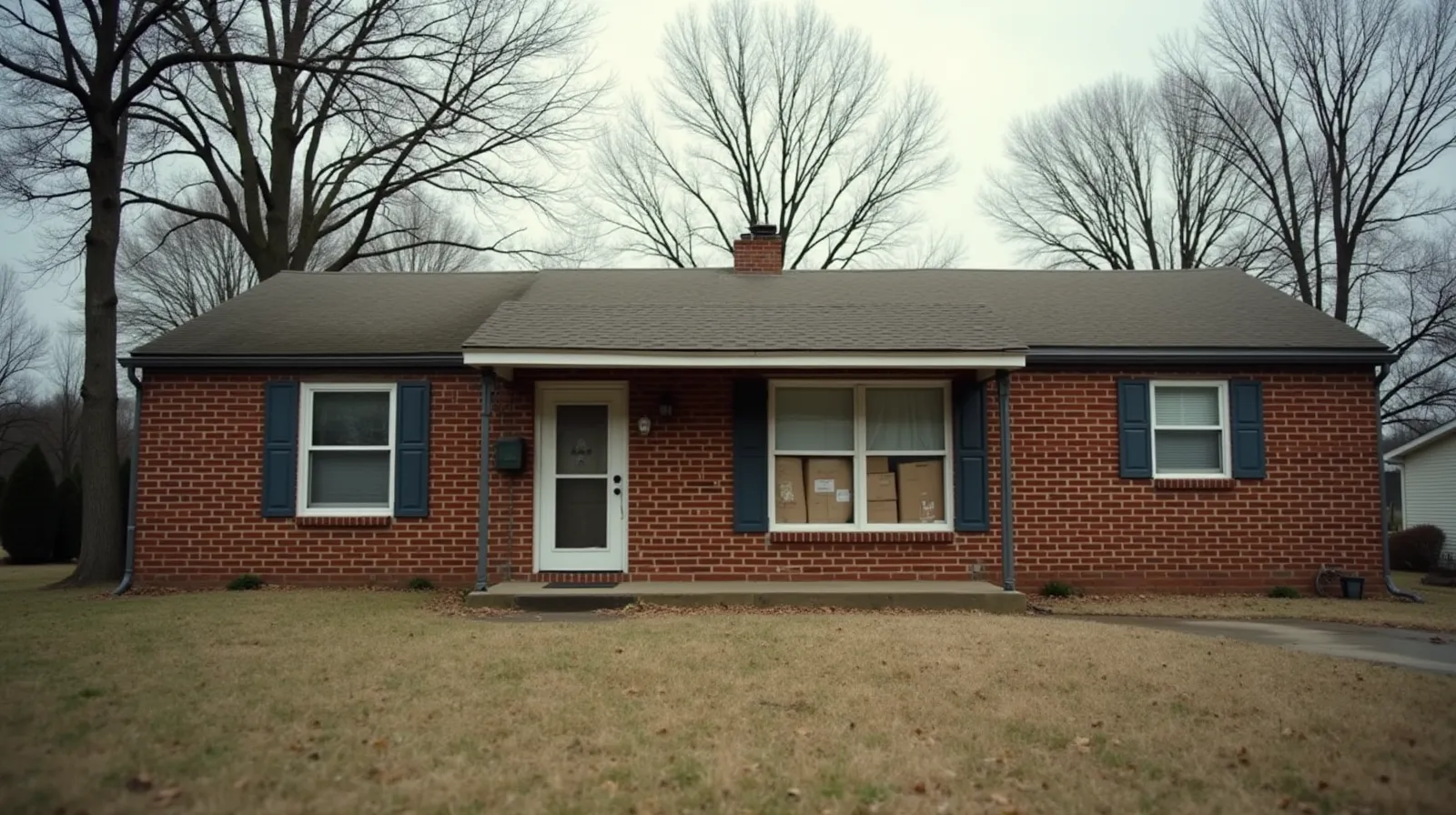 A modest ranch-style brick house with an overgrown front yard and bare oak trees under an overcast sky