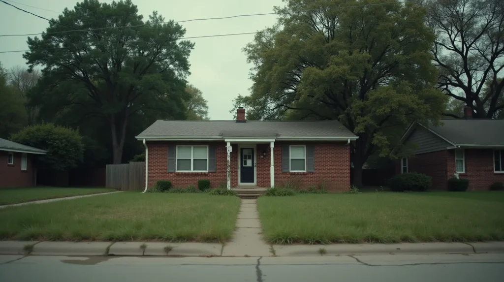 Modest brick ranch house in a Tennessee neighborhood with overgrown lawn and a notice in the door frame, early morning overcast light
