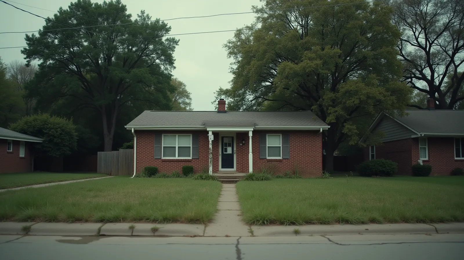 Modest brick ranch house in a Tennessee neighborhood with overgrown lawn and a notice in the door frame, early morning overcast light