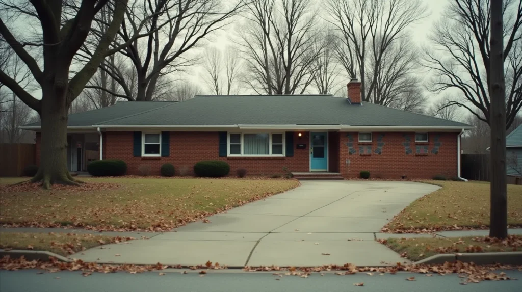 Brick ranch home on a quiet Nashville residential street with an empty driveway on an overcast afternoon