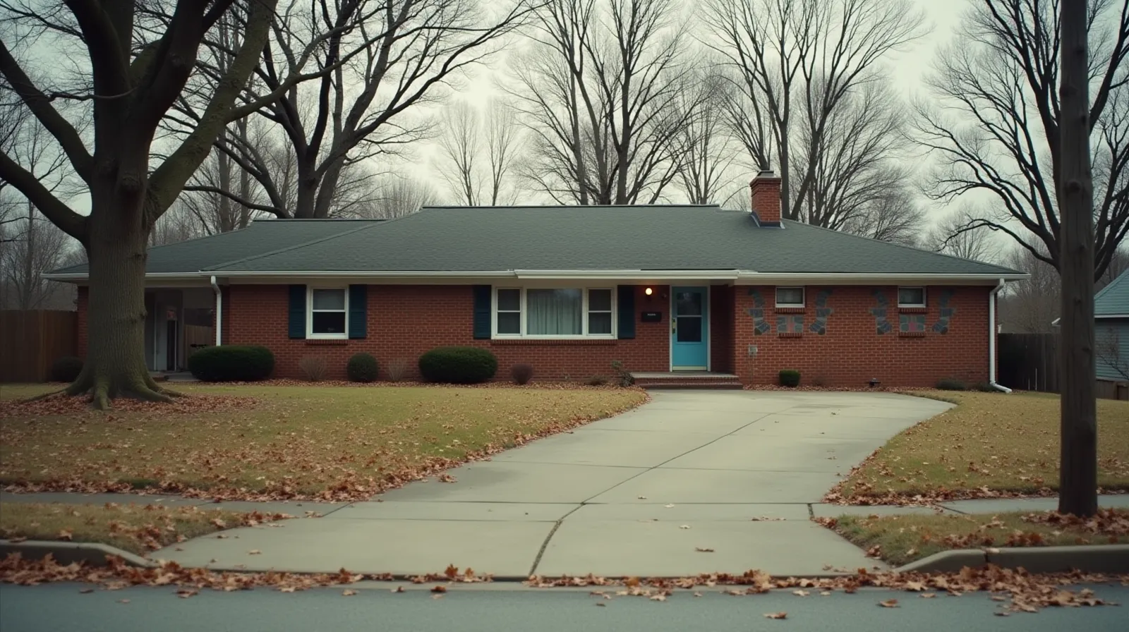 Brick ranch home on a quiet Nashville residential street with an empty driveway on an overcast afternoon