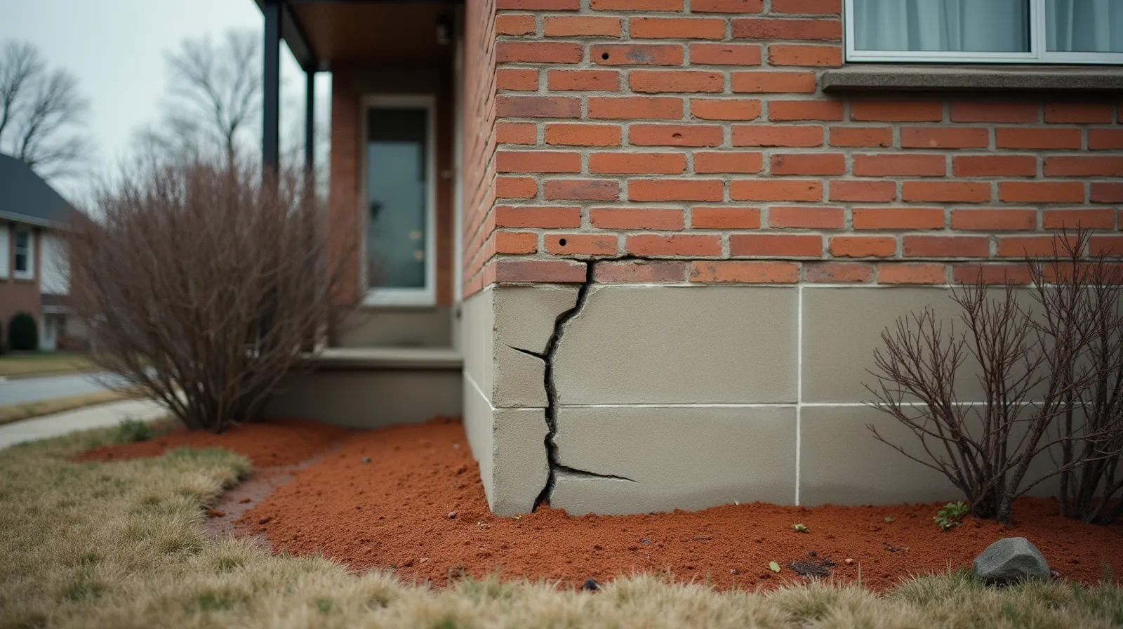 Brick ranch house exterior showing diagonal crack through mortar joints running toward the concrete block foundation