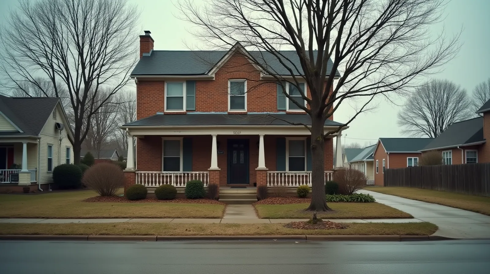 Weathered two-story brick house on a quiet Nashville suburban street with unmowed lawn and bare dogwood tree in foreground