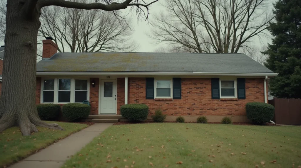 A 1960s brick ranch house in a Nashville Tennessee suburb with a mismatched room addition showing different brick color and a slight roofline change on one side