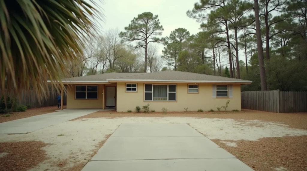 Ranch house in a Fort Walton Beach Florida neighborhood with longleaf pines and sandy yard in flat Gulf Coast light