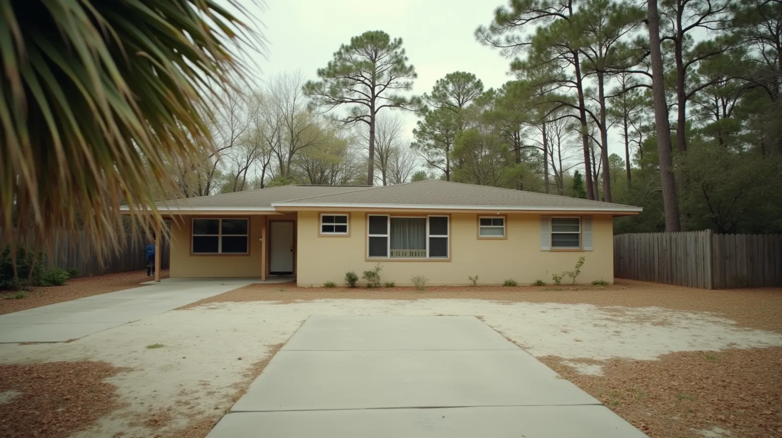 Ranch house in a Fort Walton Beach Florida neighborhood with longleaf pines and sandy yard in flat Gulf Coast light