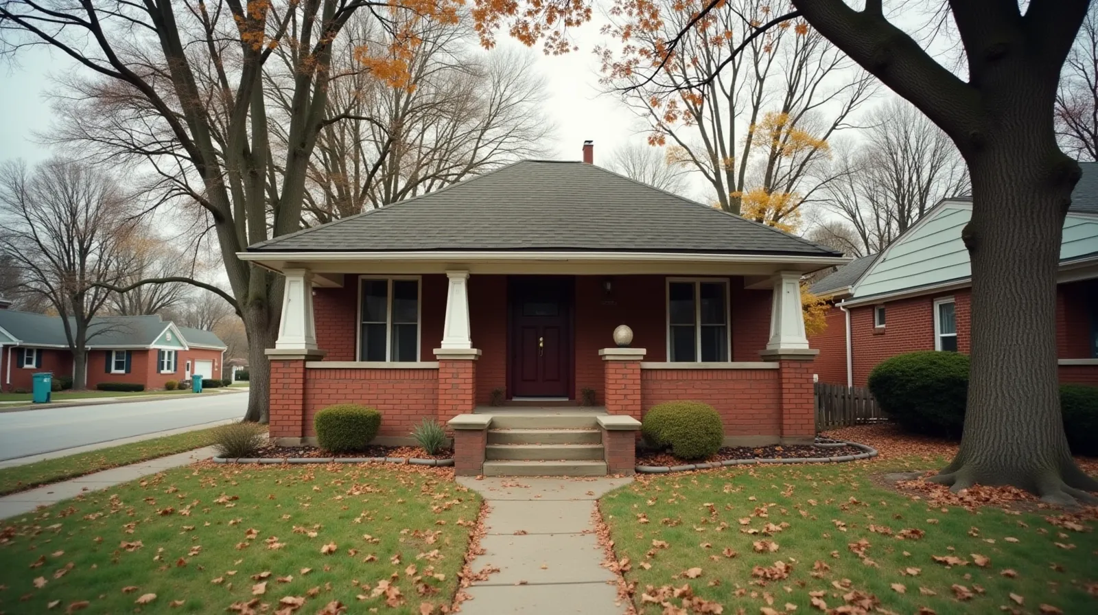 Aging red-brick Craftsman bungalow on a residential street in Indianapolis with overcast midwestern sky and mature oak trees