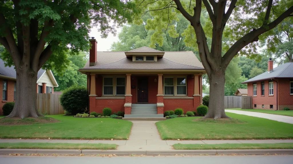 A 1940s red brick bungalow with a covered front porch on a quiet tree-lined street in Kansas City Missouri